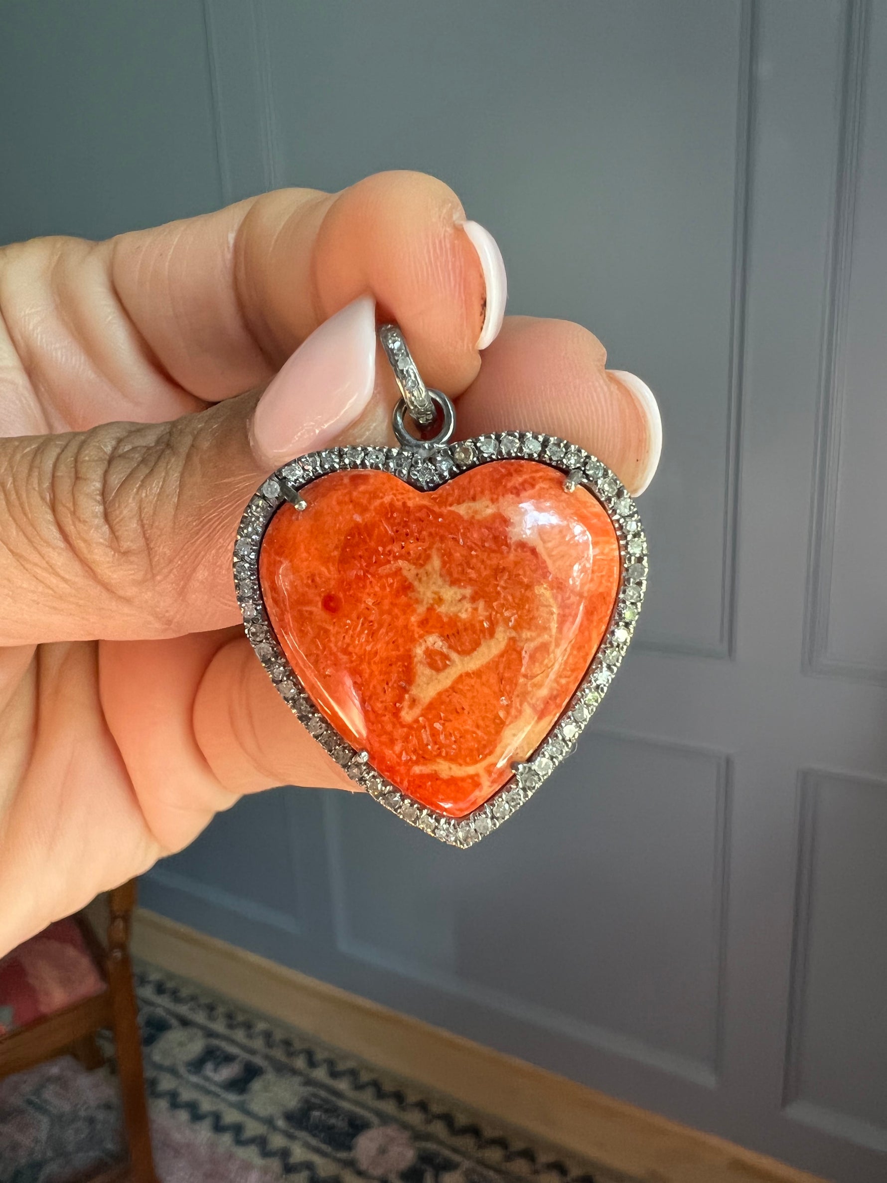 Orange Coral Heart Diamond Pendant | Ulka Rocks