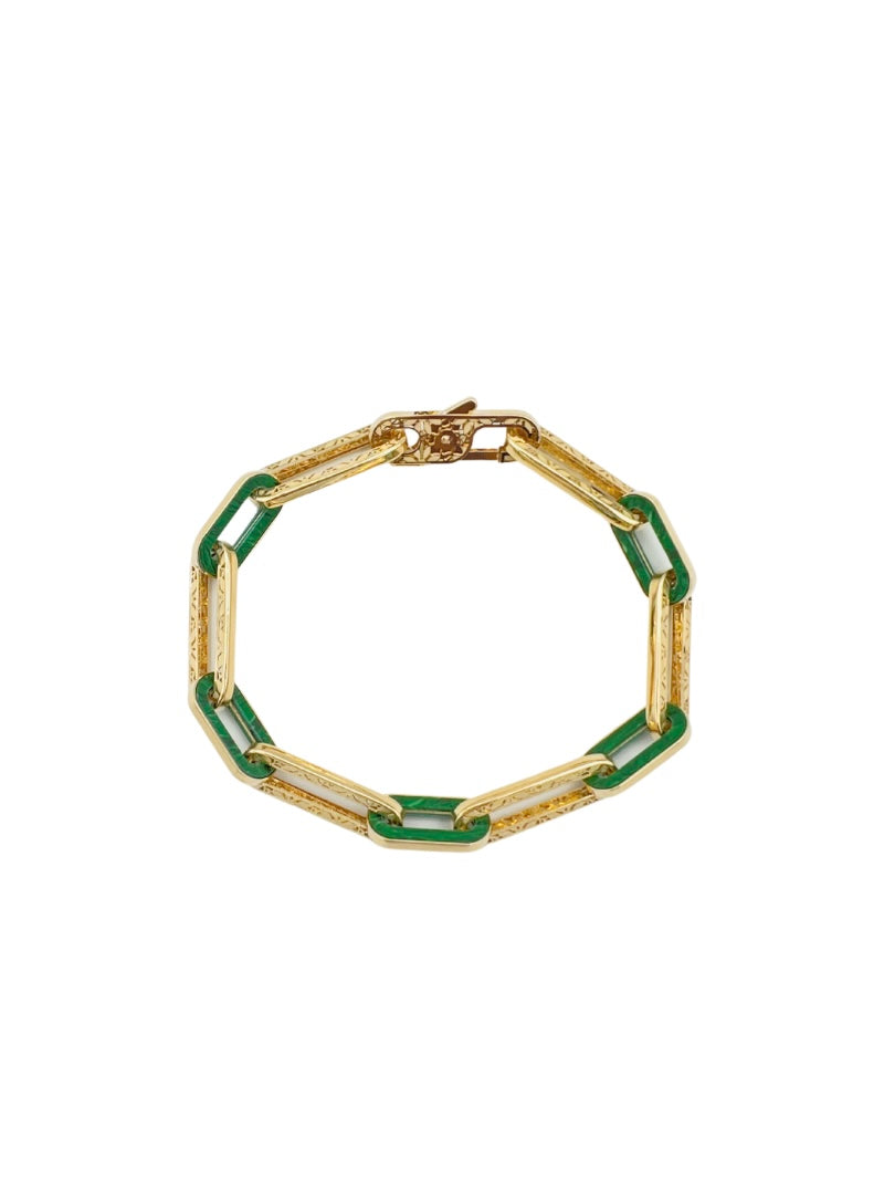7" Green Malachite Flower Etched Bracelet in 14K Gold | Ulka Rocks