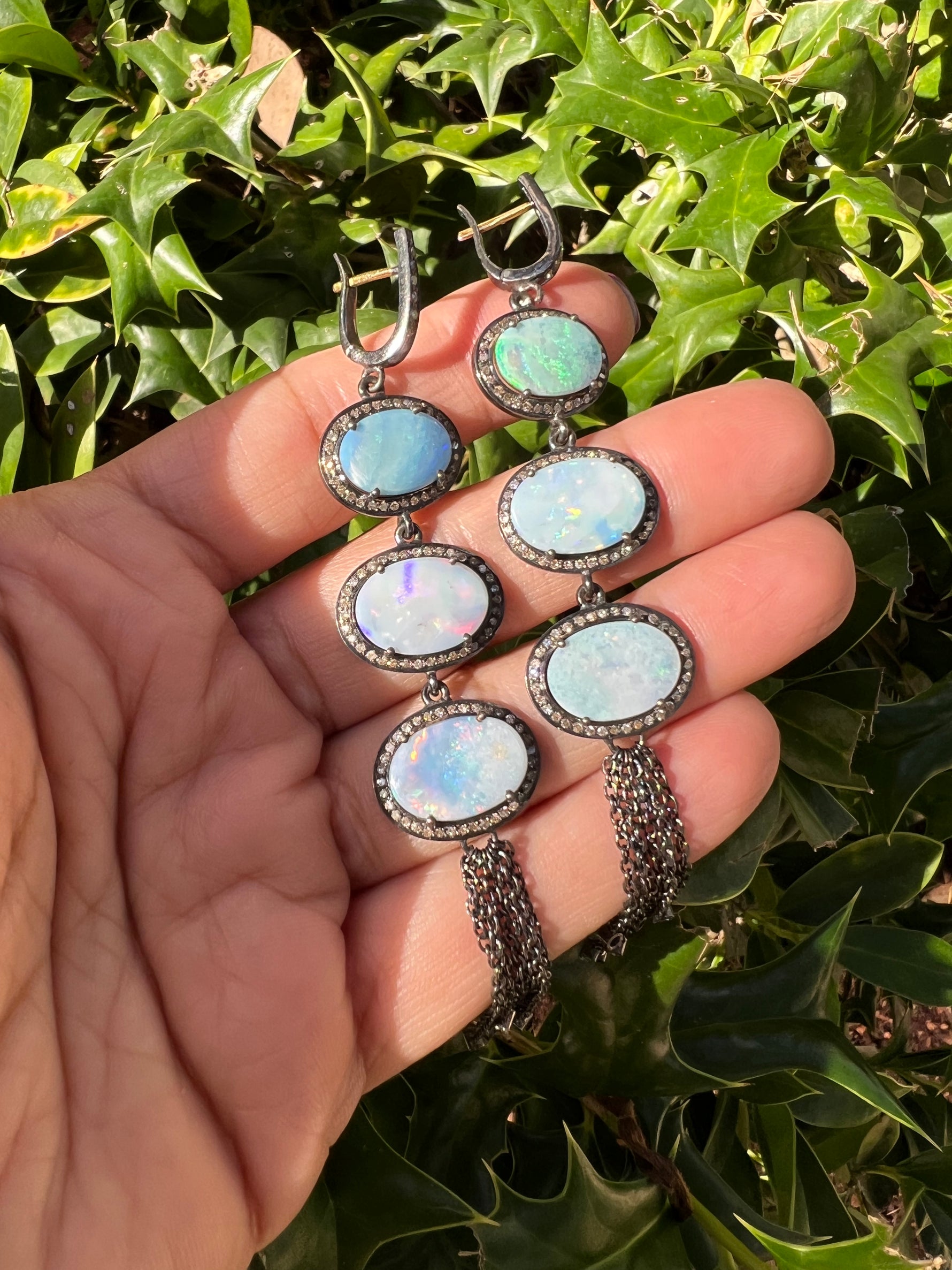 Australian Blue Opal Diamond Bezel Earrings | Ulka Rocks