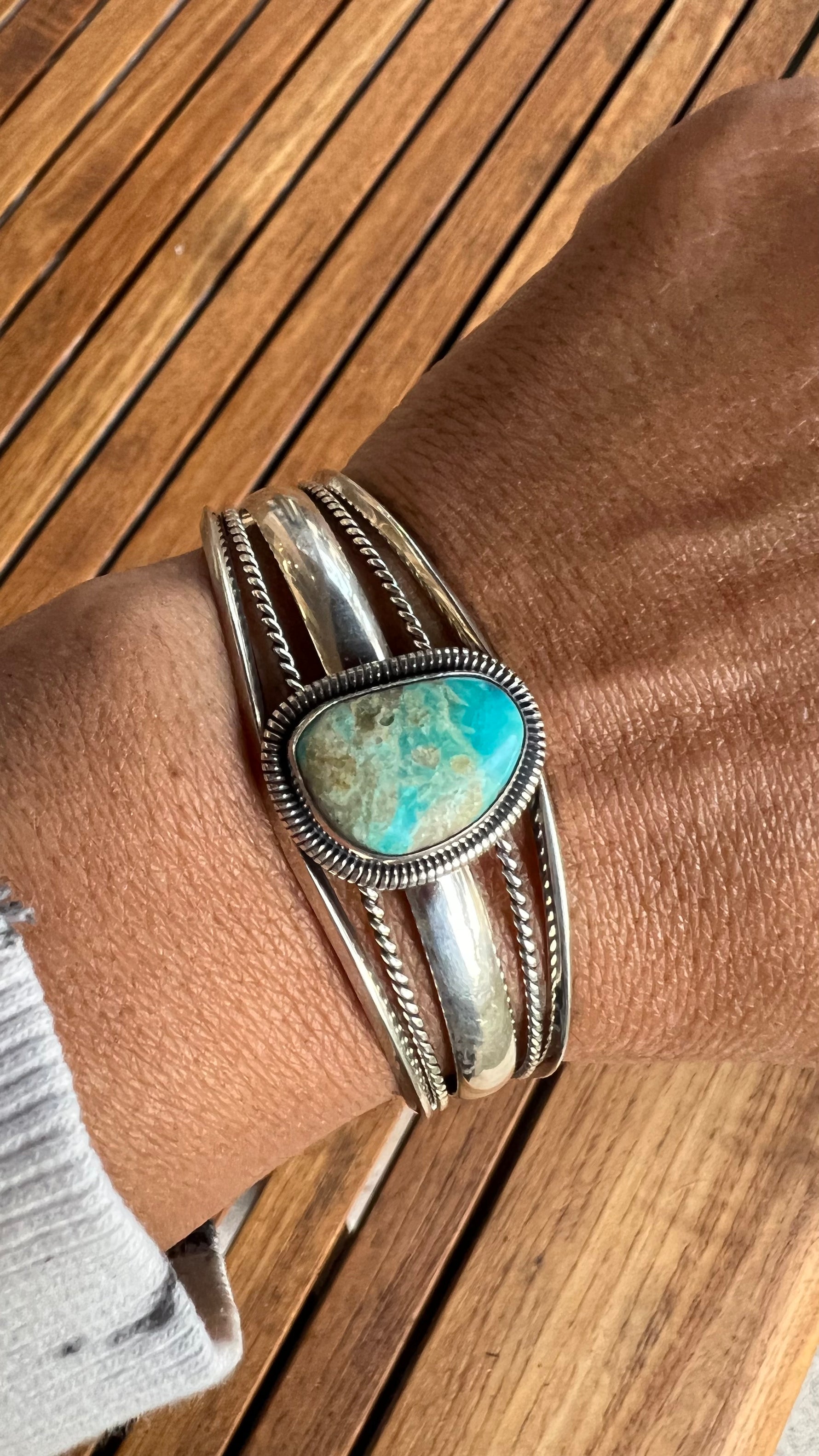 Turquoise bracelet alternate angle showing natural stone variation