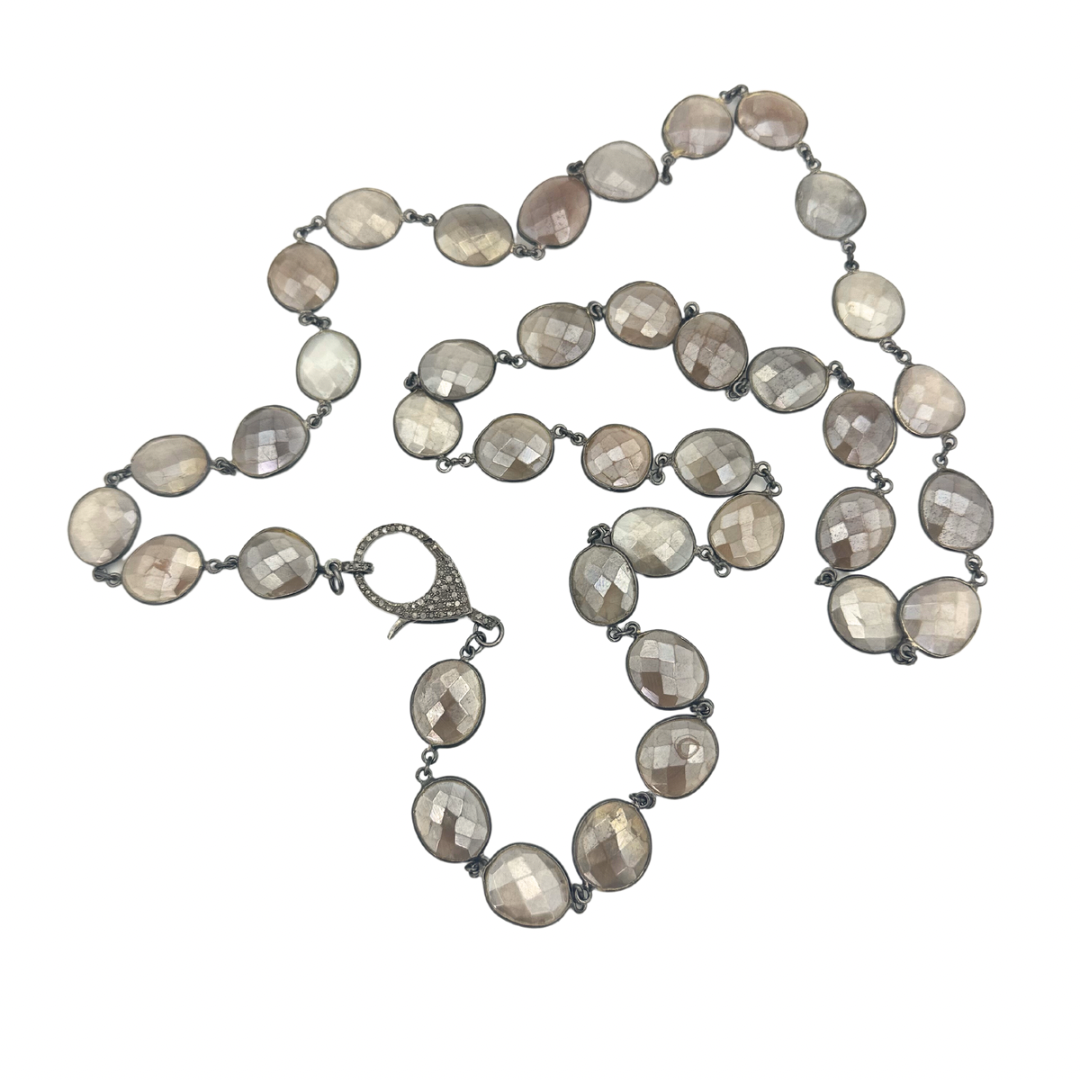 White Moonstone Bezel Necklace with Pave Diamond Clasp | Ulka Rocks