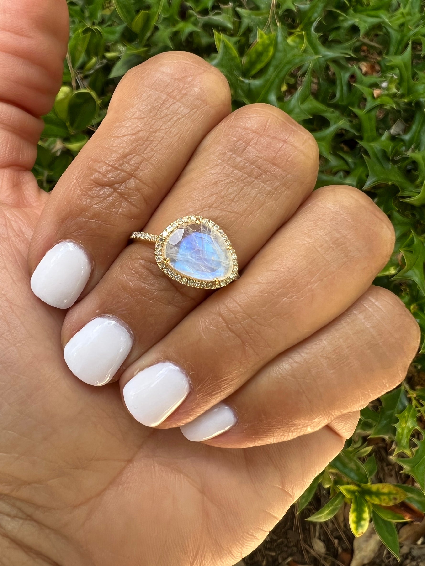 Diamond White Moonstone Ring in 14K Gold | Ulka Rocks