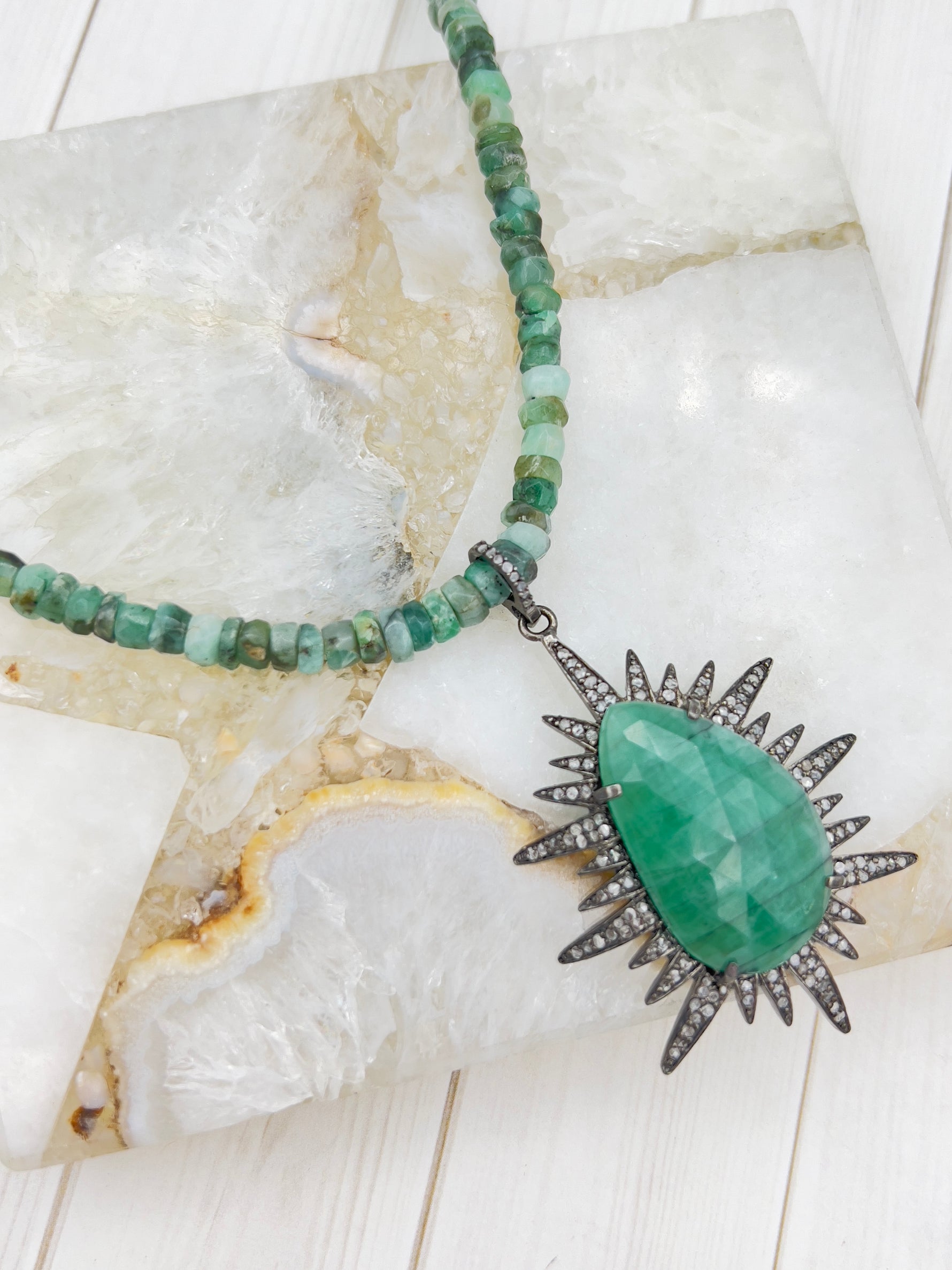 Green Emerald Diamond Starburst Necklace | Ulka Rocks