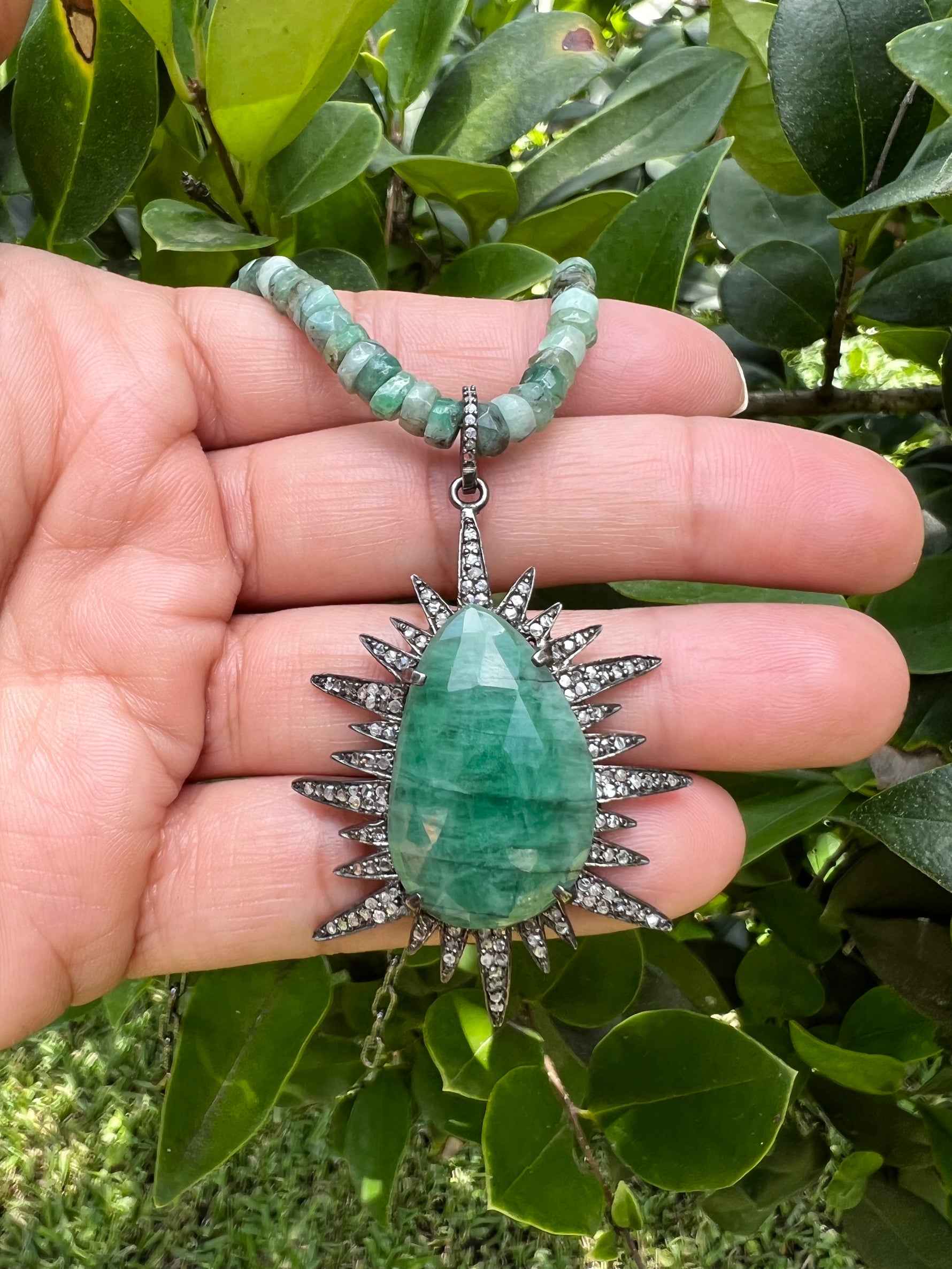 Green Emerald Diamond Starburst Necklace | Ulka Rocks
