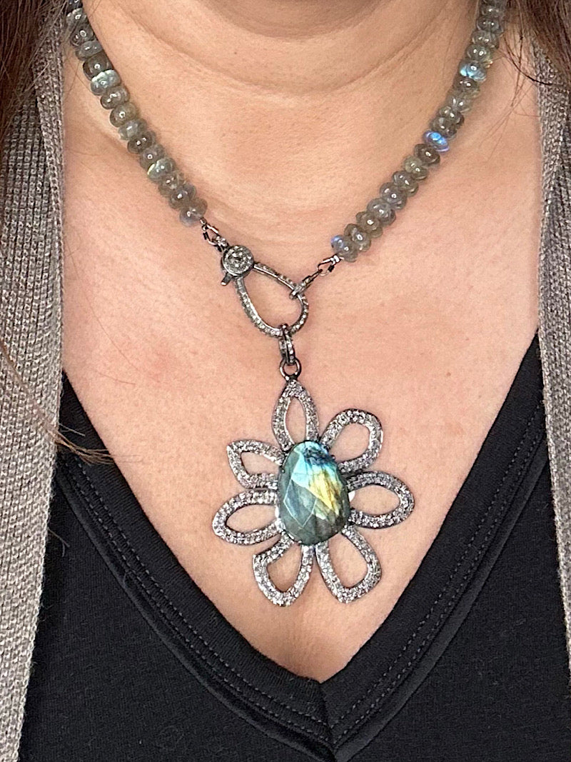 Green Labradorite Diamond Flower Pendant | Ulka Rocks