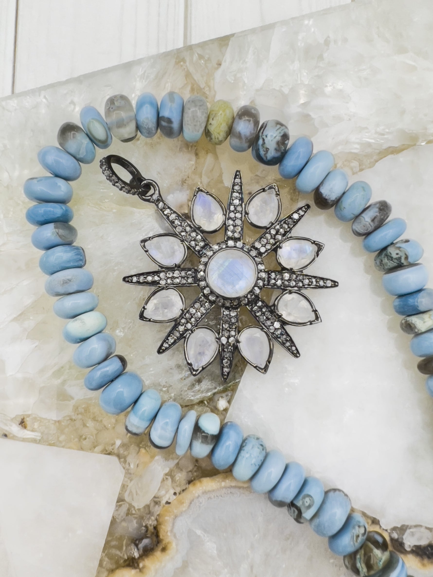 Blue Moonstone Teardrop Starburst Koss Pendant | Ulka Rocks