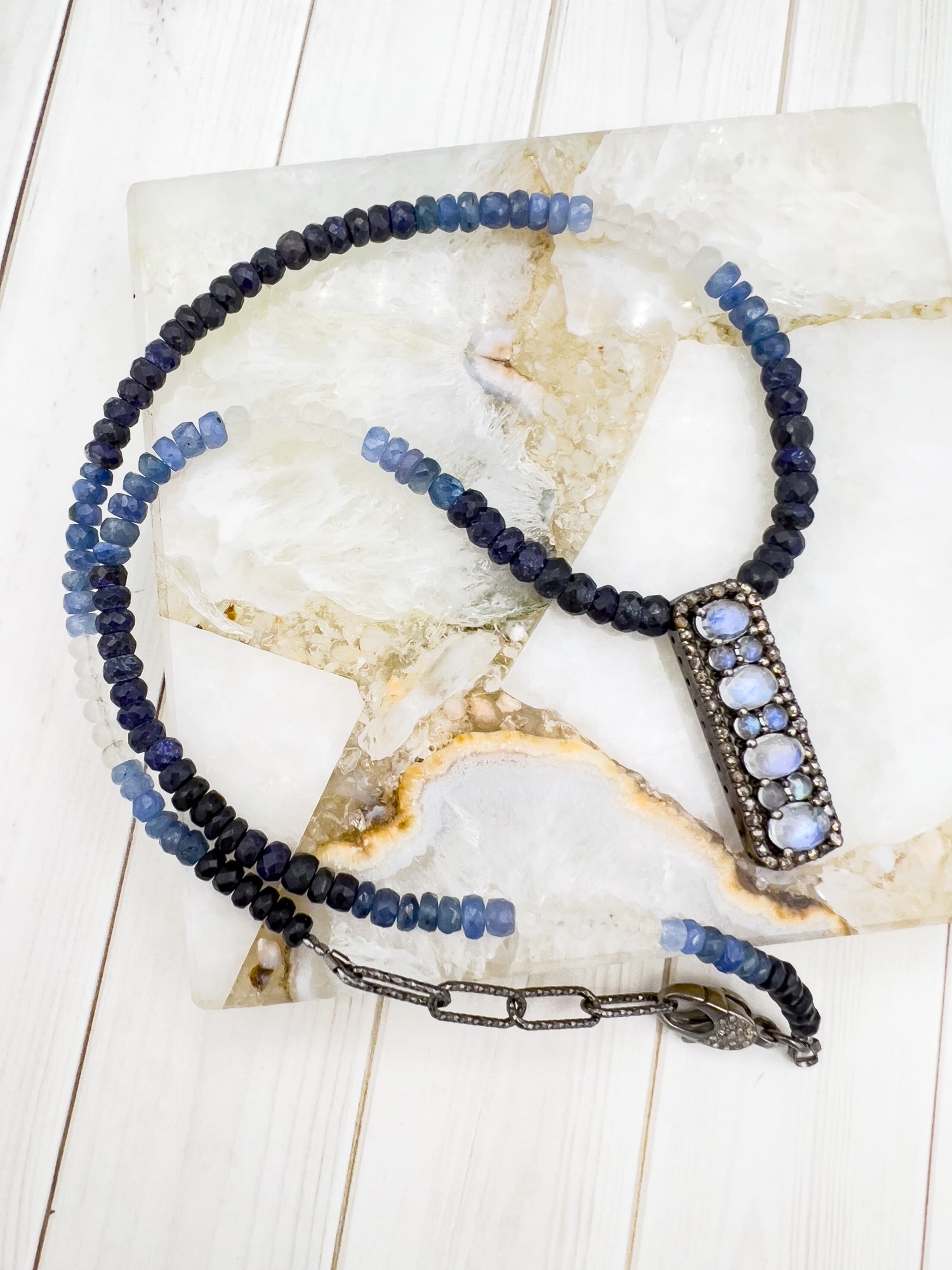 Ombré Sapphire Necklace with Blue Moonstone and Diamond Bar | Ulka Rocks