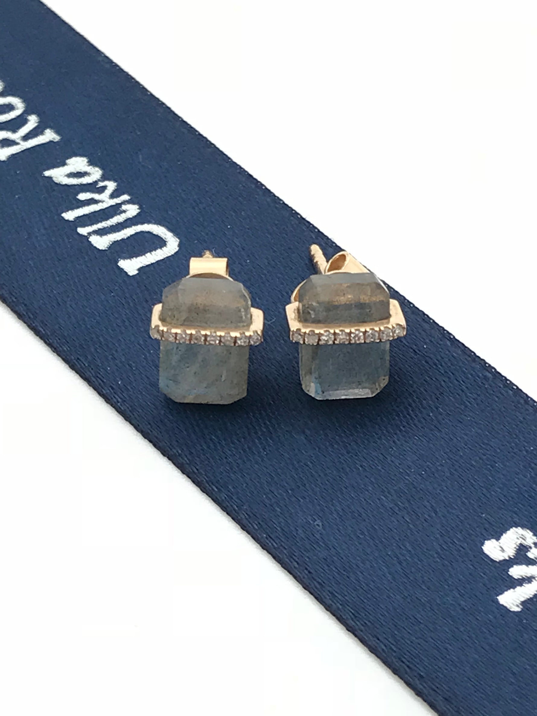 Diamond Bar Gray Labradorite Stud Earrings in 14K Gold | Ulka Rocks