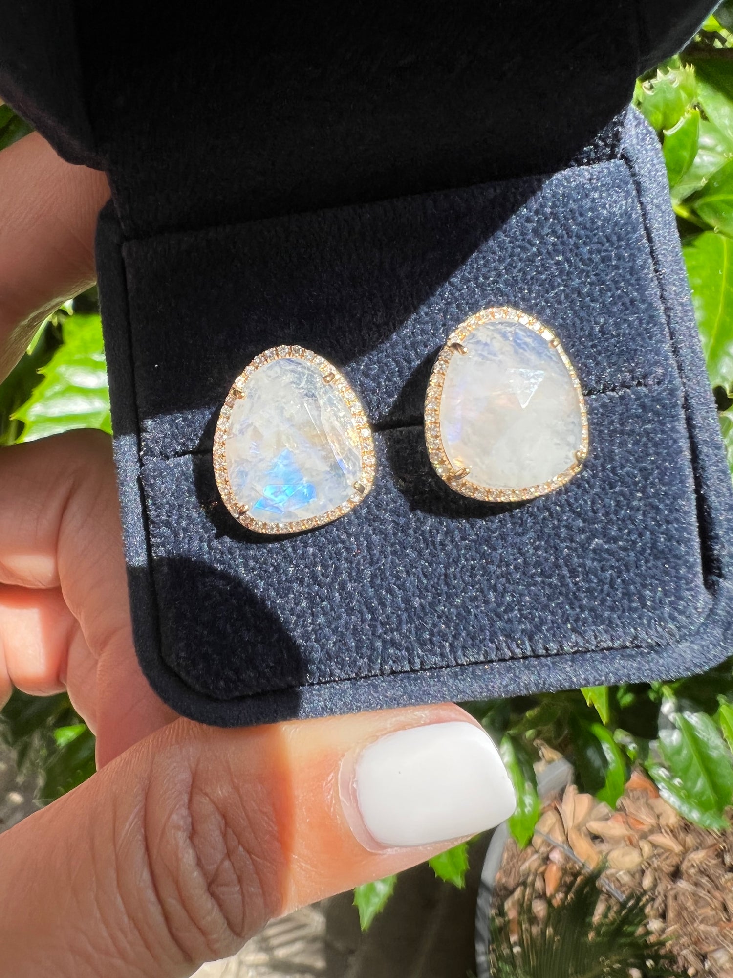 Diamond and Moonstone earrings in 14k Yellow Gold by Ulka Rocks