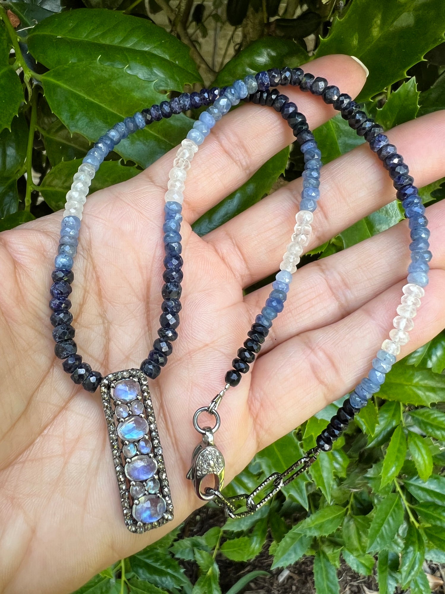 Ombré Sapphire Necklace with Blue Moonstone and Diamond Bar | Ulka Rocks