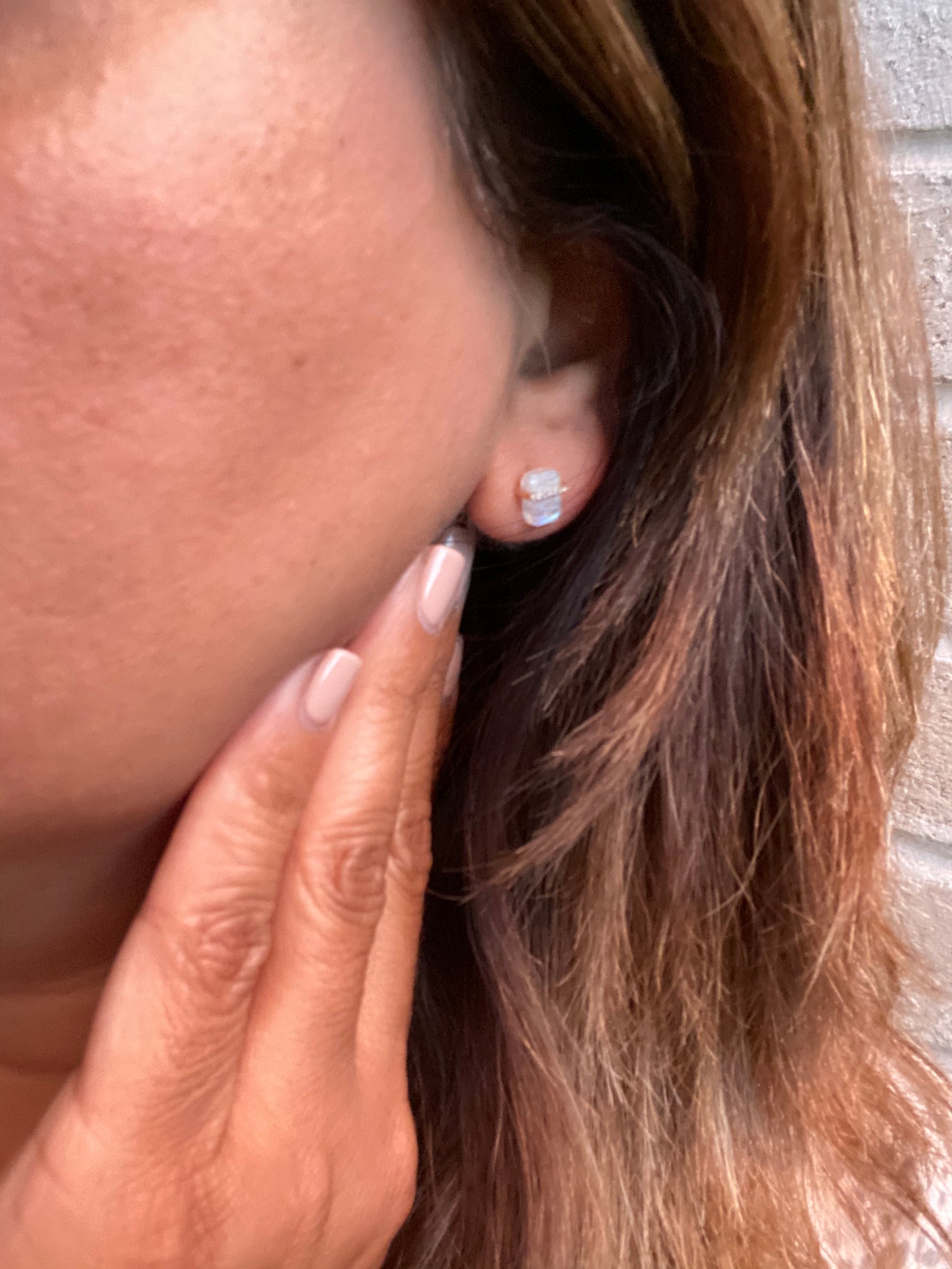 Diamond Bar Gray Moonstone Stud Earrings in 14K Gold | Ulka Rocks