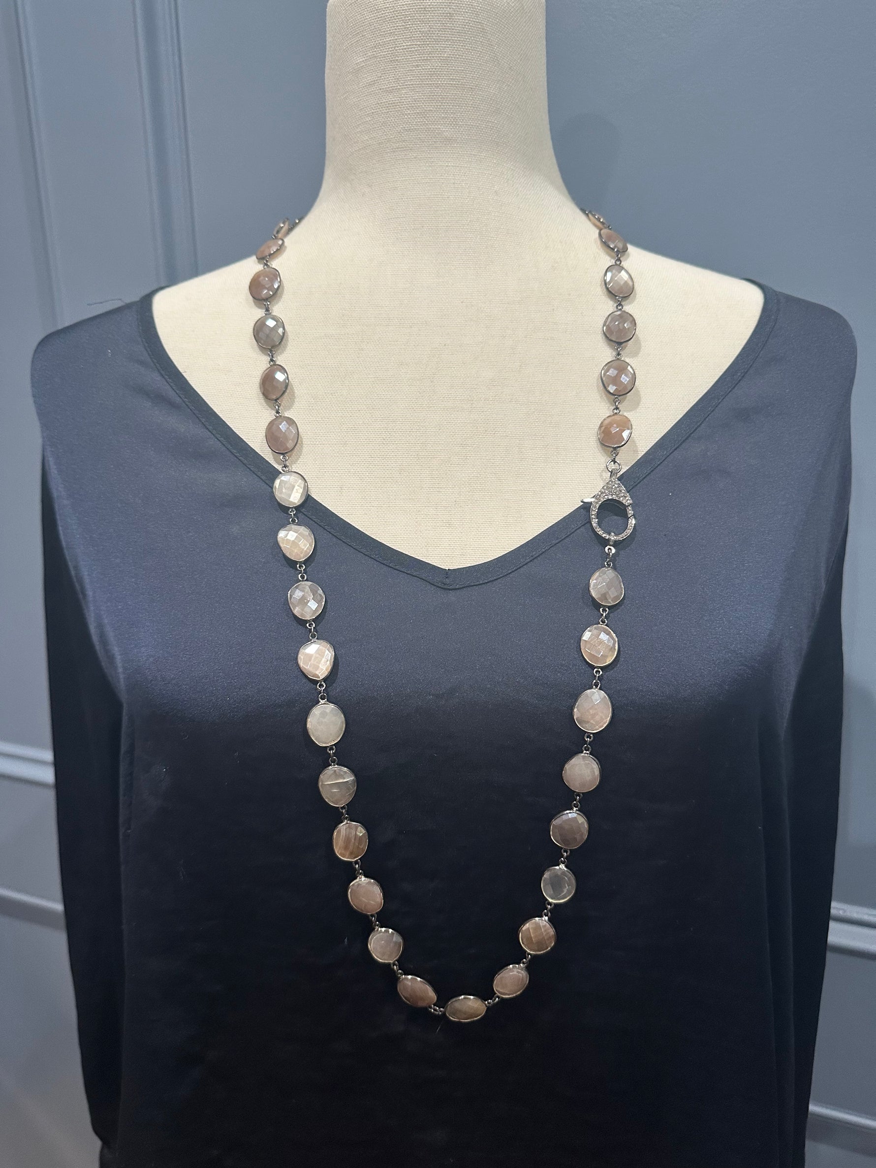 White Moonstone Bezel Necklace with Pave Diamond Clasp | Ulka Rocks
