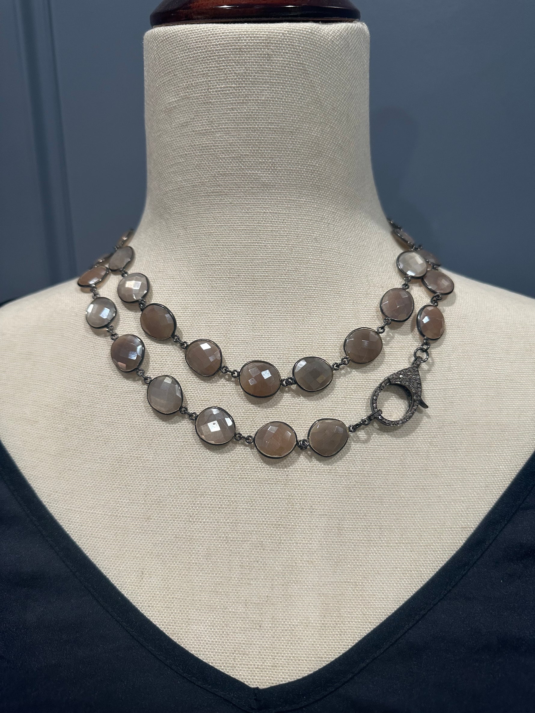 White Moonstone Bezel Necklace with Pave Diamond Clasp | Ulka Rocks