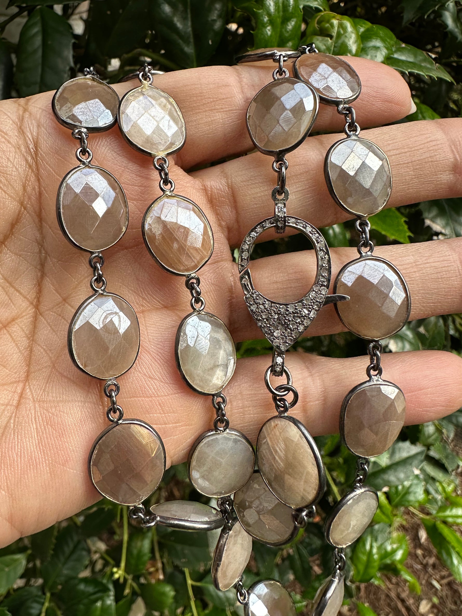 White Moonstone Bezel Necklace with Pave Diamond Clasp | Ulka Rocks