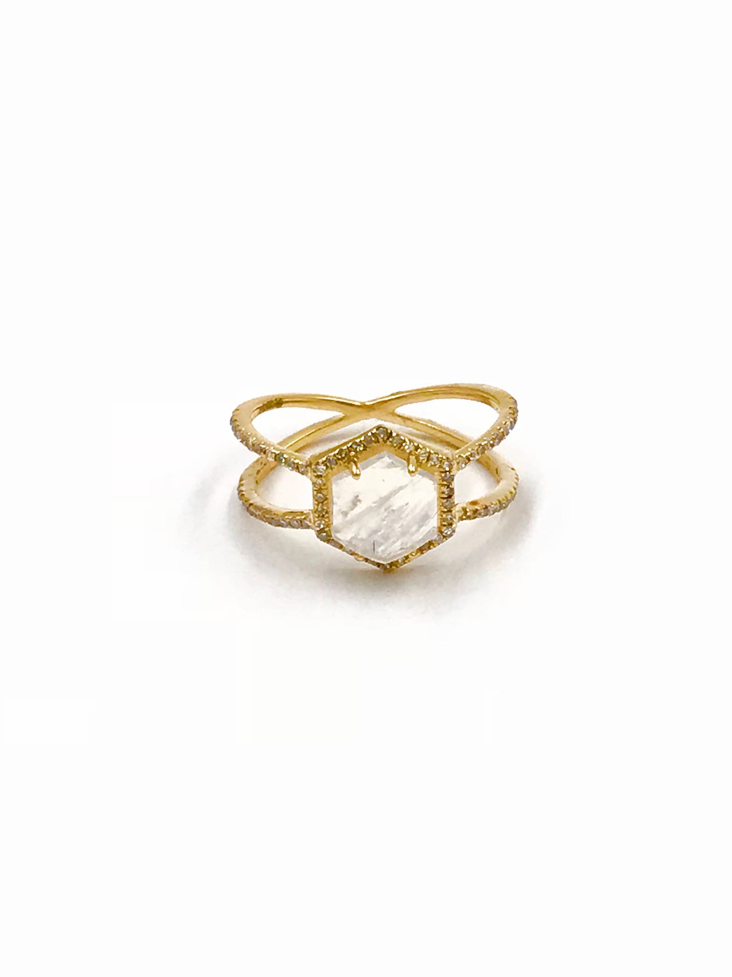 Diamond White Moonstone Double Band Ring in 14K Gold | Ulka Rocks