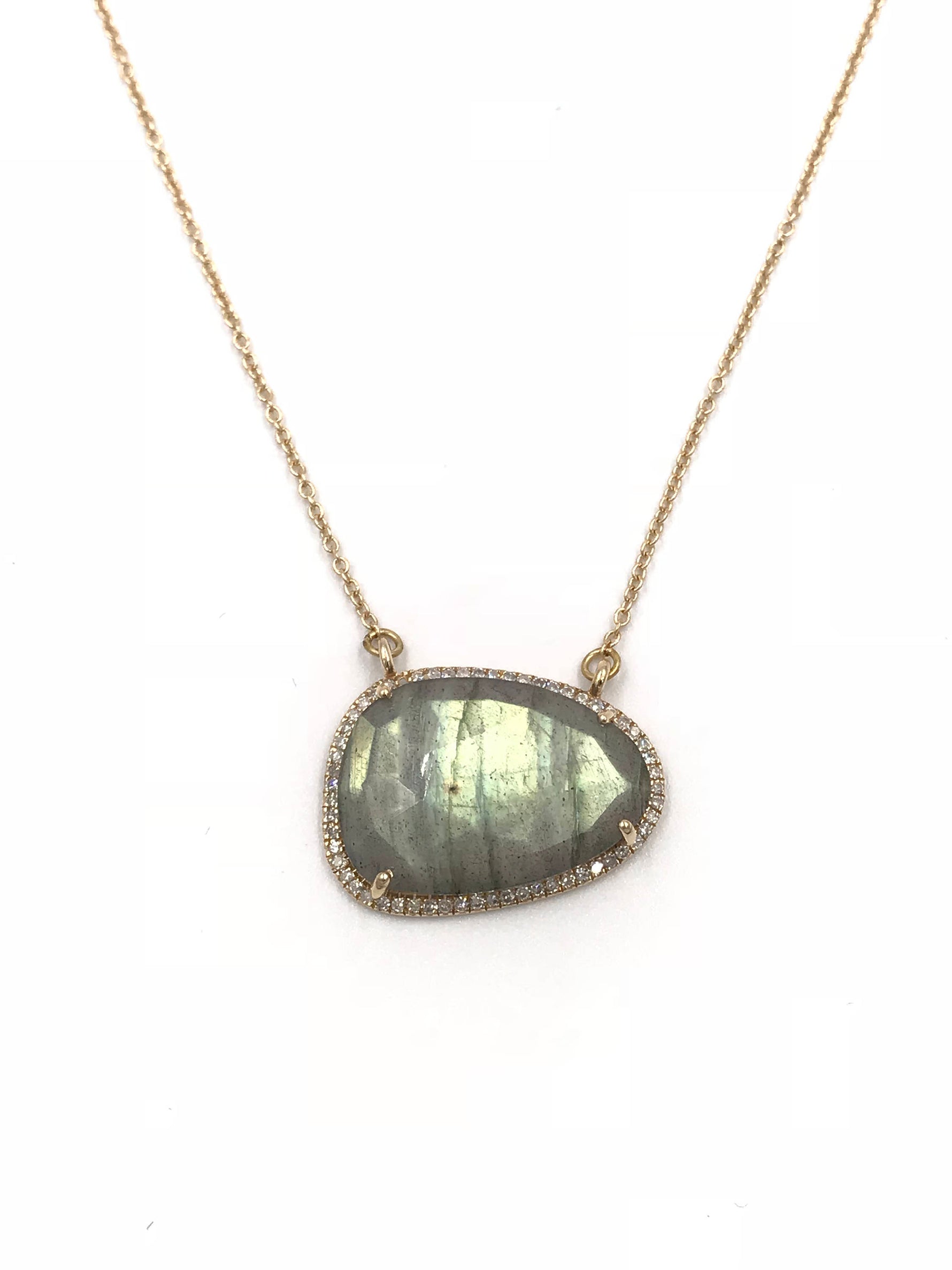 Diamond Green Labradorite Necklace in 14K Gold | Ulka Rocks