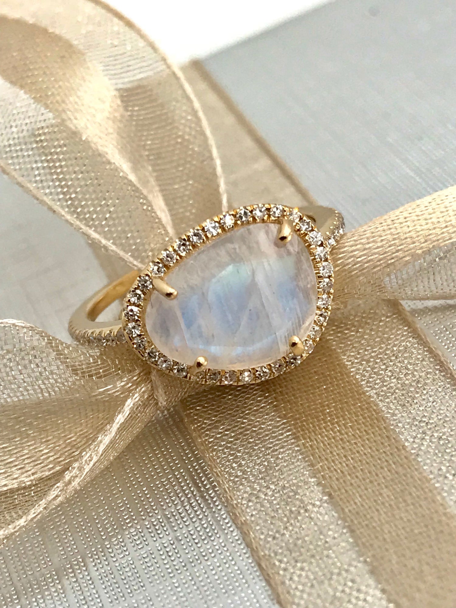 Made to order - 14k gold diamond AAA rainbow moonstone ring
