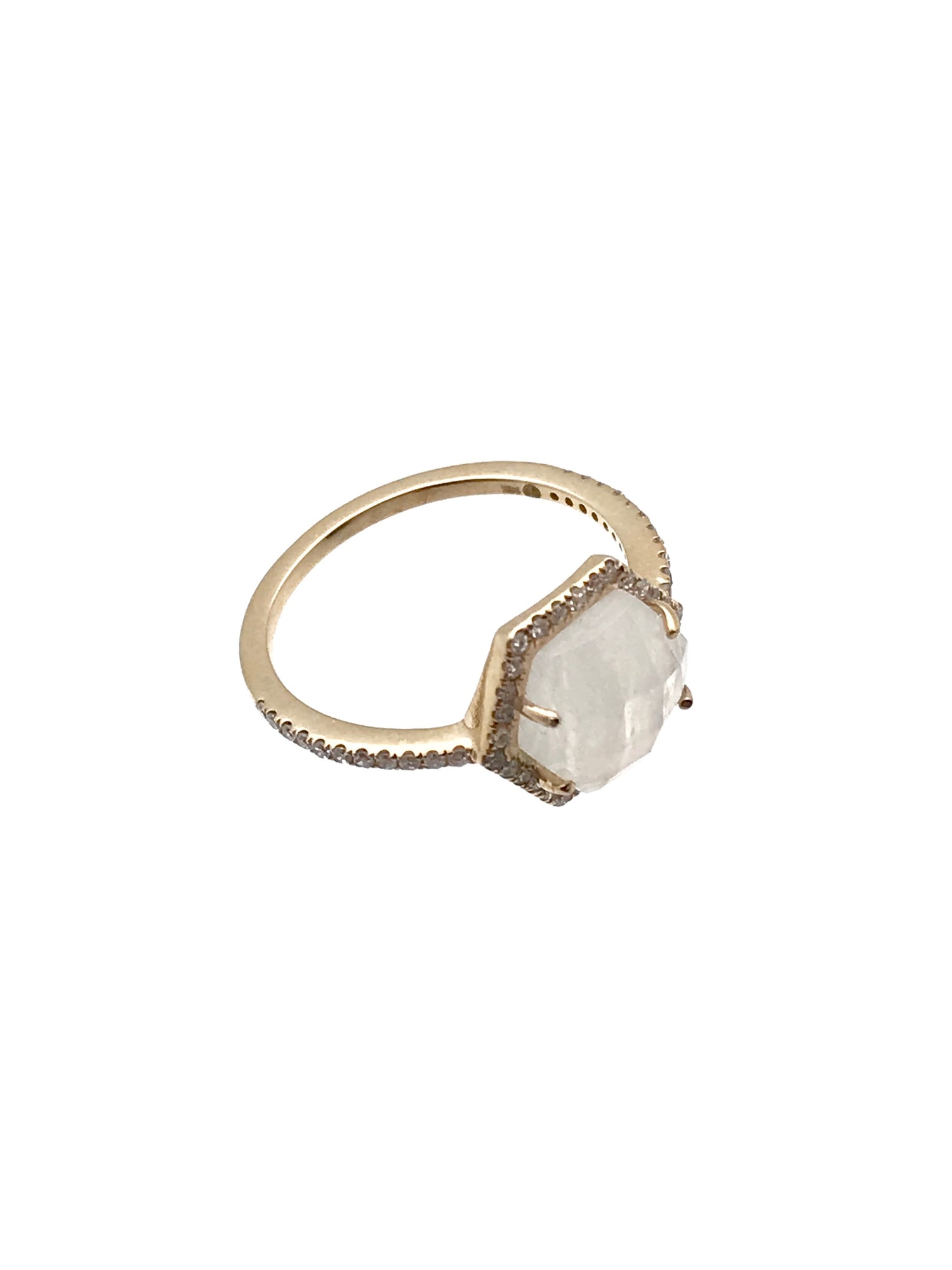 Detail view of Diamond and Moonstone ring showing gemstone color and texture